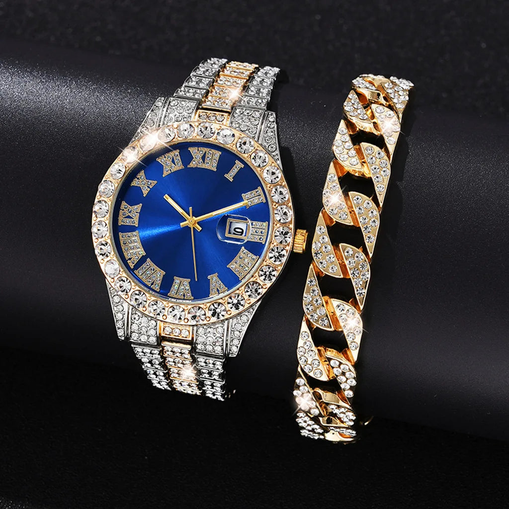 Watch+bracelet Hip Hop Stainless Steel Gold Color Calendar Watch For Men Iced Out