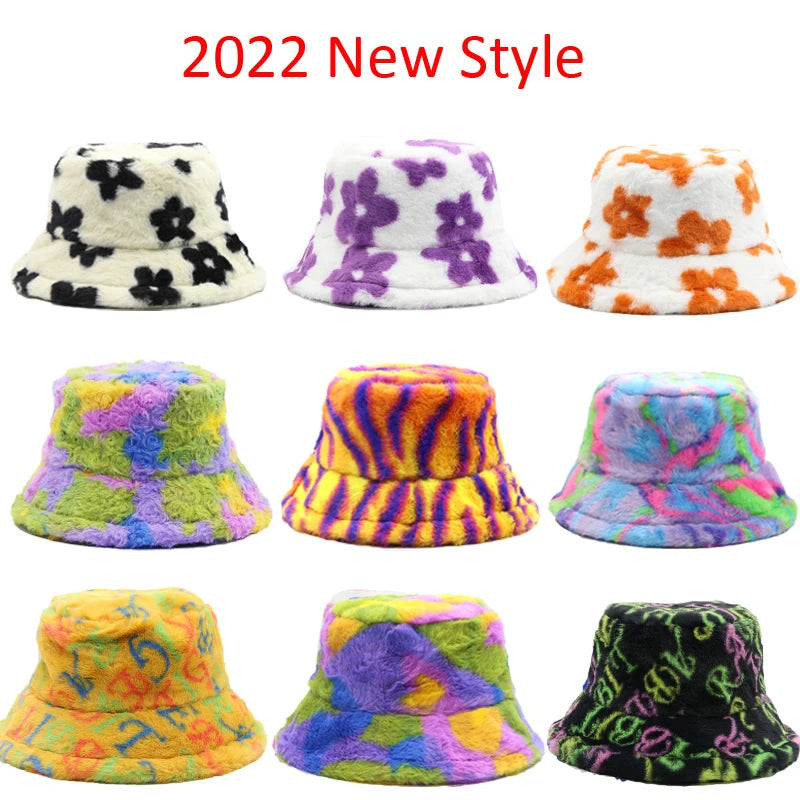 Cow Leopard Faux Fur Fluffy Bucket Hats Women Outdoor Warm Sun Hat Soft Velvet Furry Fisherman Cap Girl Fashion Panama