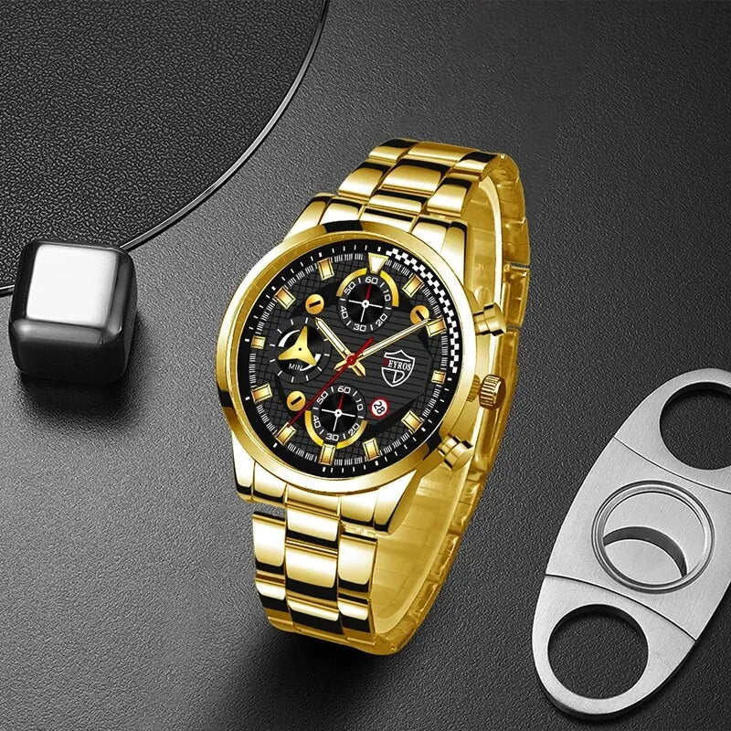 Stainless Stelel Watches Fashion 3pcs Set Luxury Mens