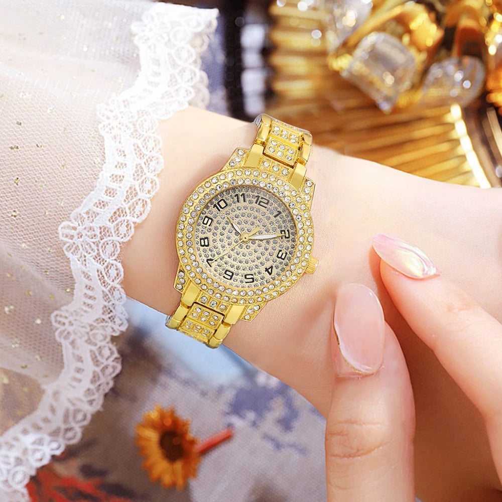 Heart Diamond Wristwatch Elegant Women 's Bracelet Watch Set 2PCS Luxury Women's Gold Watch Fashion Women's Quartz