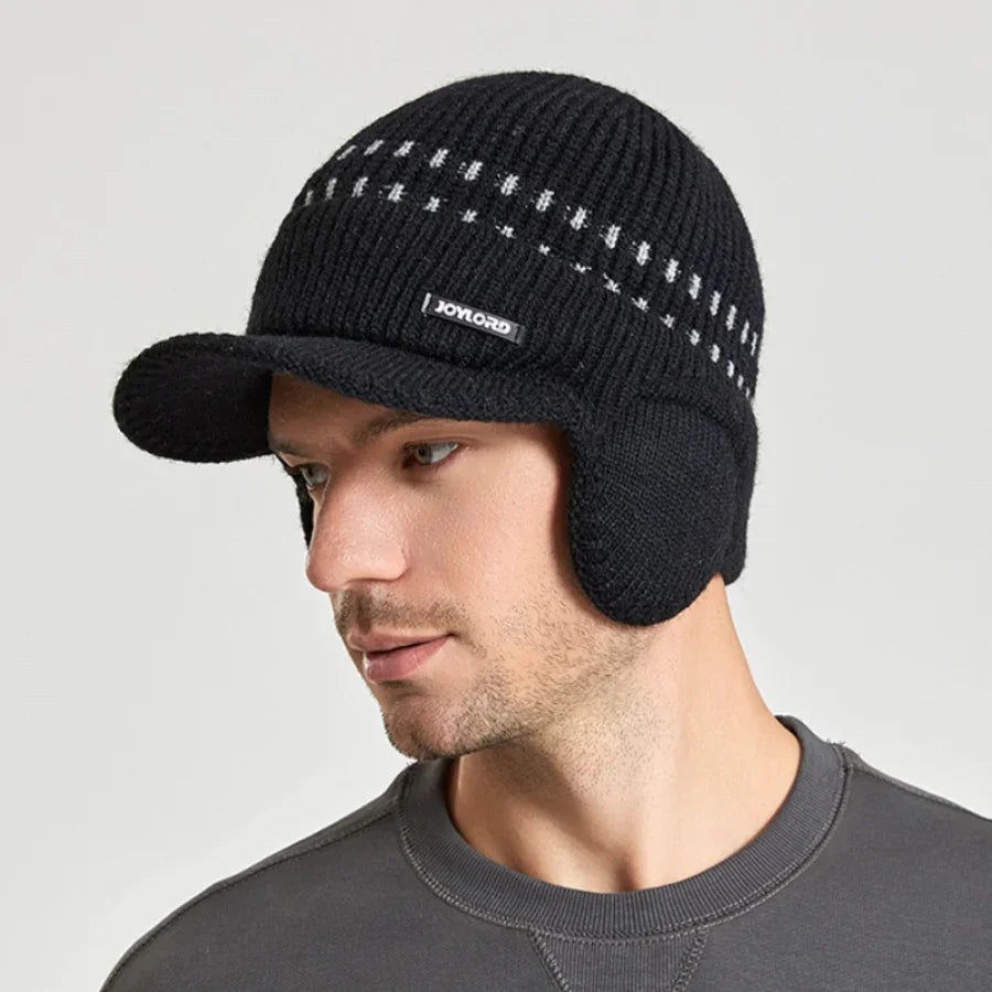 Men's Knitted Baseball Hat with Earflap Insulation Warm Fur Lined Skullies Beanies