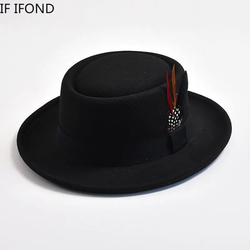 NEW Mens Rolled Brim Felt Fedora Hat with Feather Gentleman Trilby Jazz Hats