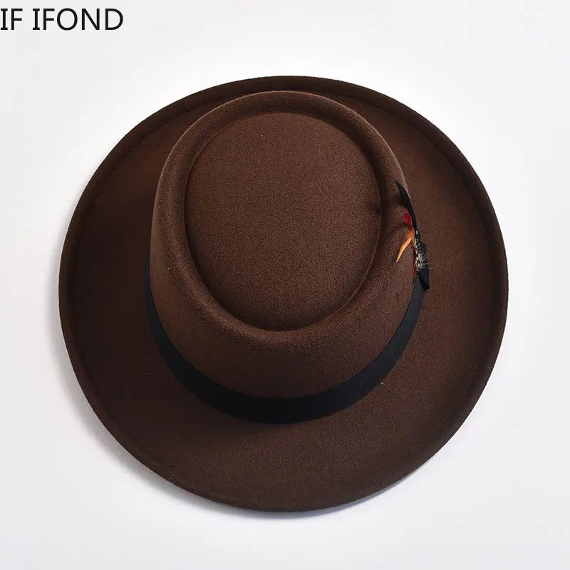 NEW Mens Rolled Brim Felt Fedora Hat with Feather Gentleman Trilby Jazz Hats