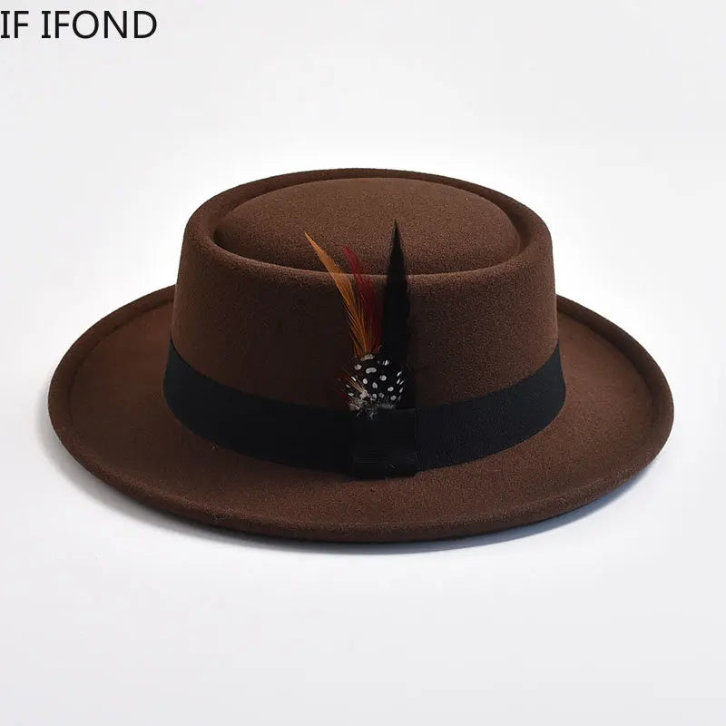 NEW Mens Rolled Brim Felt Fedora Hat with Feather Gentleman Trilby Jazz Hats