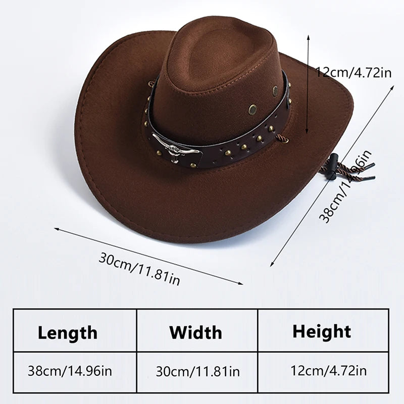 Western Cowboy Hat with Bull Head Emblem and Studded Leather Band