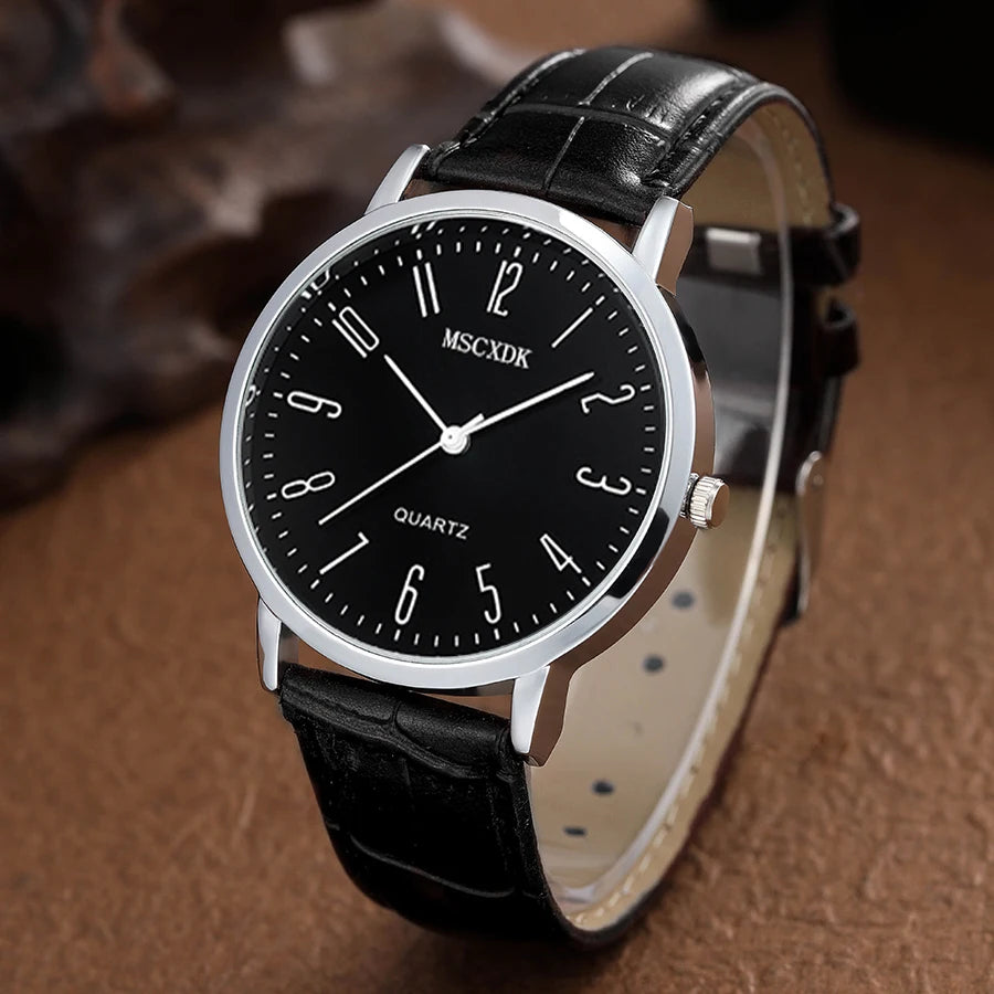 Casual Round Watch Black Quartz Watches Bracelet sets for Men