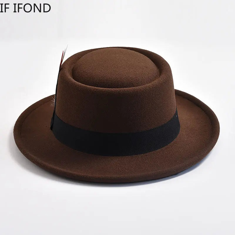 NEW Mens Rolled Brim Felt Fedora Hat with Feather Gentleman Trilby Jazz Hats