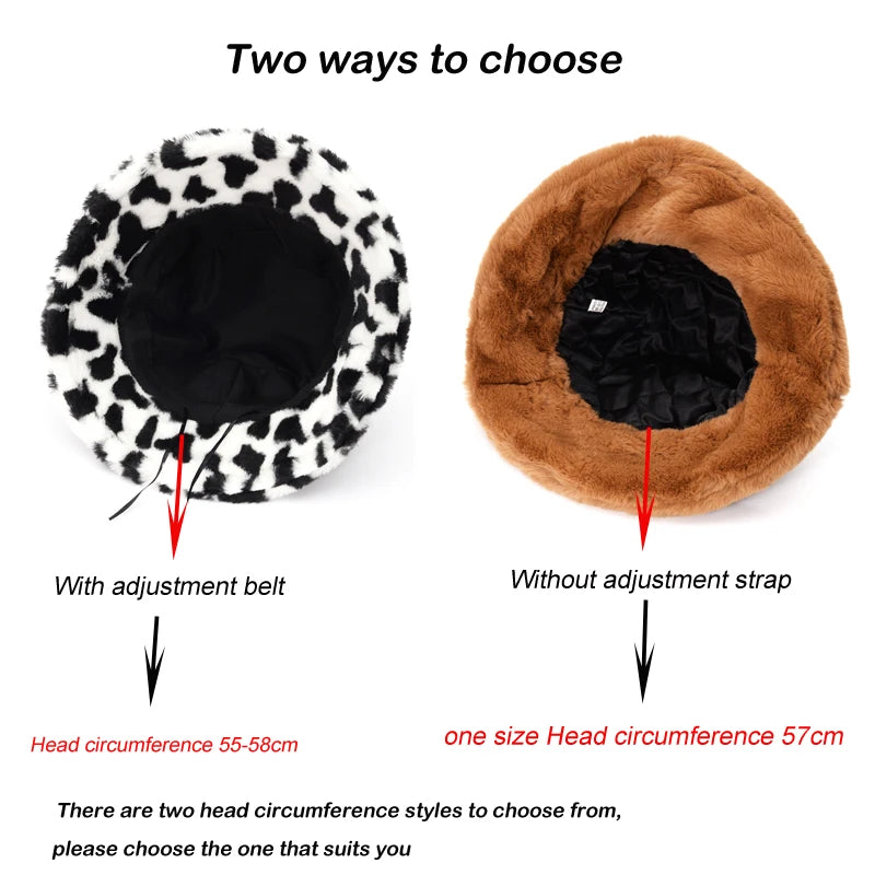 Cow Leopard Faux Fur Fluffy Bucket Hats Women Outdoor Warm Sun Hat Soft Velvet Furry Fisherman Cap Girl Fashion Panama