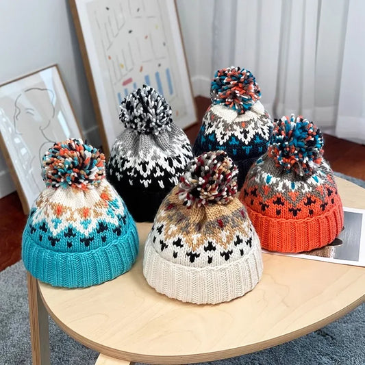 Cute Print Embroidery Beanies Hats for Women Men Winter Warm Fur Pompom Baggy Knit Hat Bonnet Caps